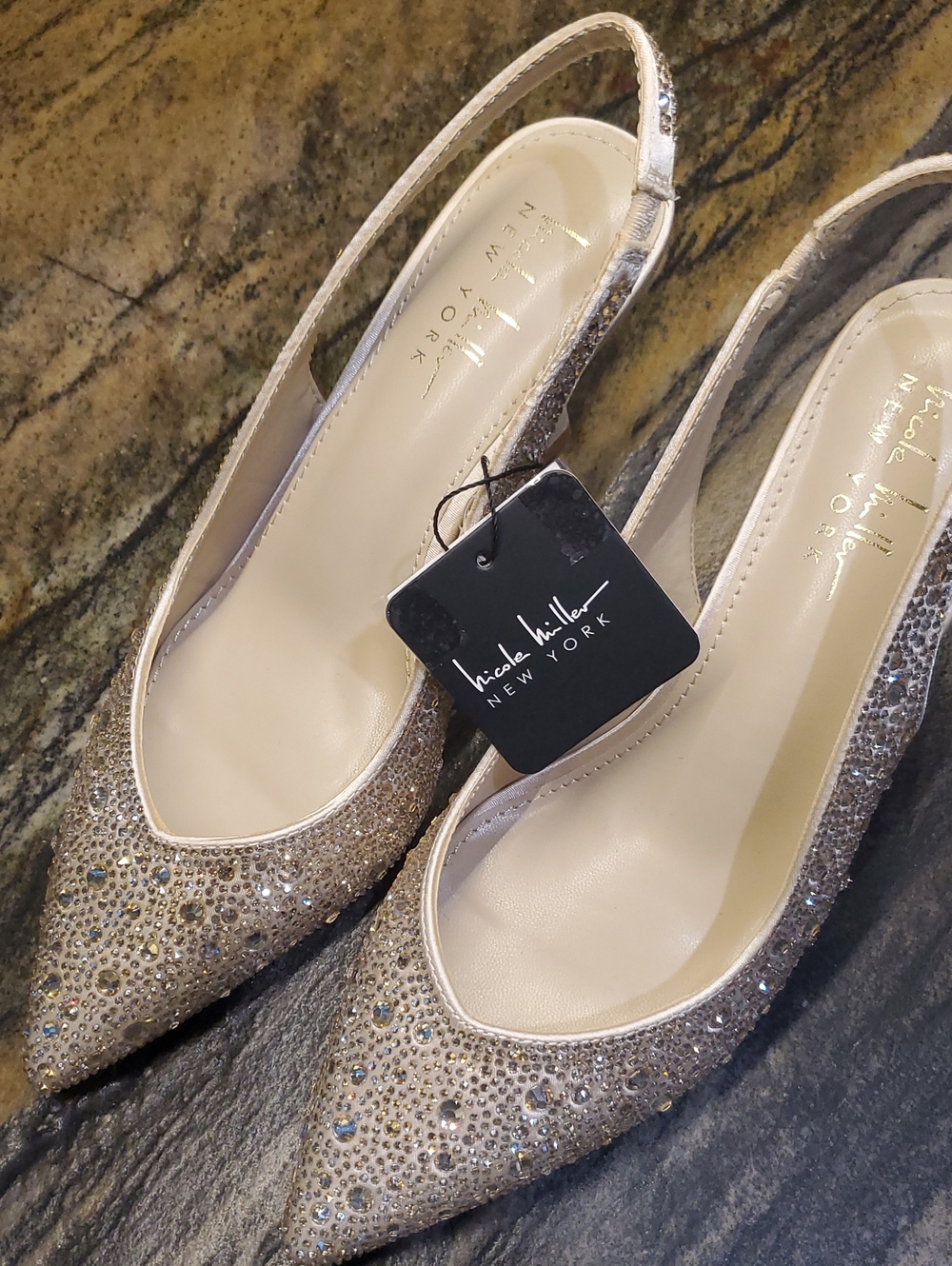 Nicole Miller Crystal-Embellished Slingback Mules in Champagne